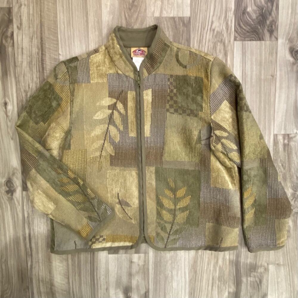 Barn Fly L Muted Green Leaf Print Zip Front Light Jacket/Sweater PRISTINE!